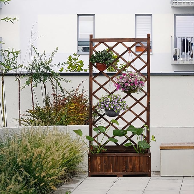 Anraja Raised Garden Bed with Trellis Wooden Planter Box Outdoor Wood Privacy Screen for Climbing Plant Planting Flower Patio Tomato Vegetable Herb Balcony Porch 29.5" L x 17.0" W x 67.0" H
