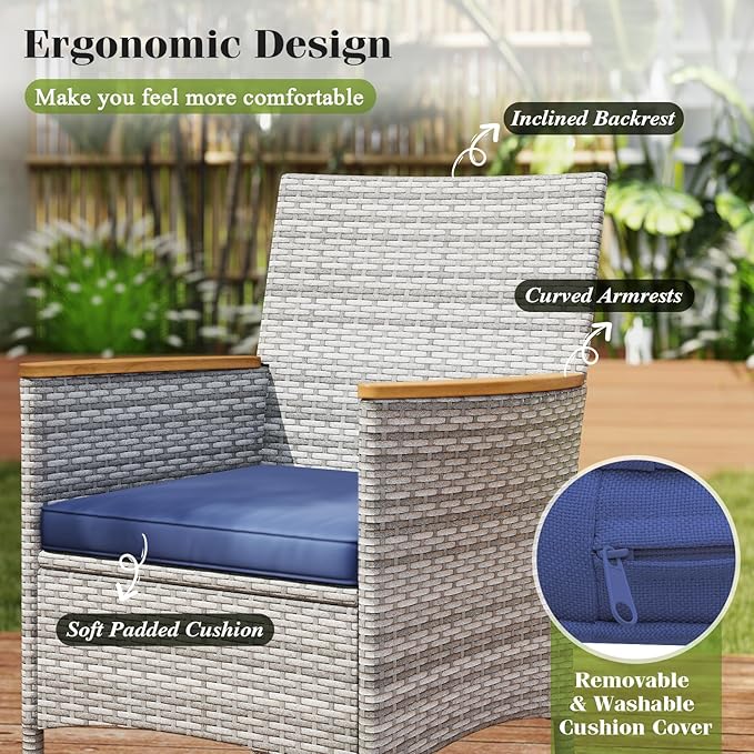Tangkula 9 Pieces Rattan Outdoor Dining Set for 8, Outdoor Acacia Wood Table Set with 8 Cushioned Wicker Chairs, Umbrella Hole, Patio Dining Furniture Set for Deck Pool Backyard