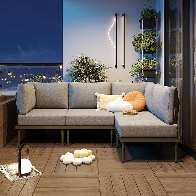 Sundale Outdoor 4 Pieces Patio Furniture Set, Metal Sectional Sofa Patio Conversation Set with 6 Inch Cushions, Modern Patio Corner Couch for Balcony, Porch, Sunroom