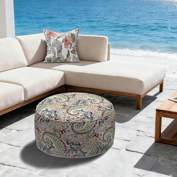 LVTXIII Outdoor Inflatable Ottoman, Fade-Resistant Round Footrest Stool D31”x H14”, Portable Patio Pouf for Garden Camping or Home Use, Paisley Chilli
