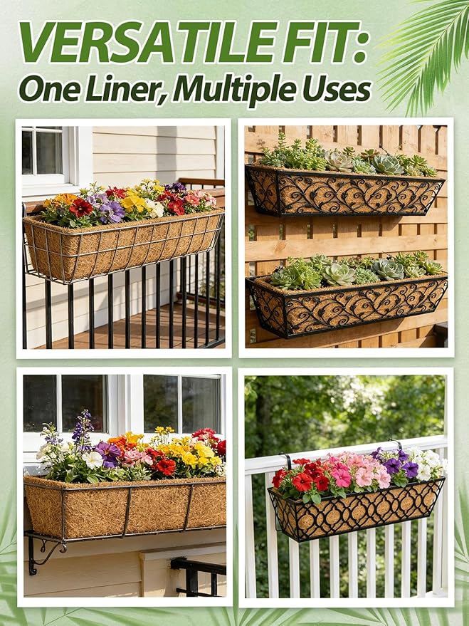 30in Tapered Coco Liners for Window Planter Box - 2 Pack 100% Natural Coconut Coir Fiber Liner Replacement for Deck Flower Box, Garden Railing Fence Wall Planter Basket