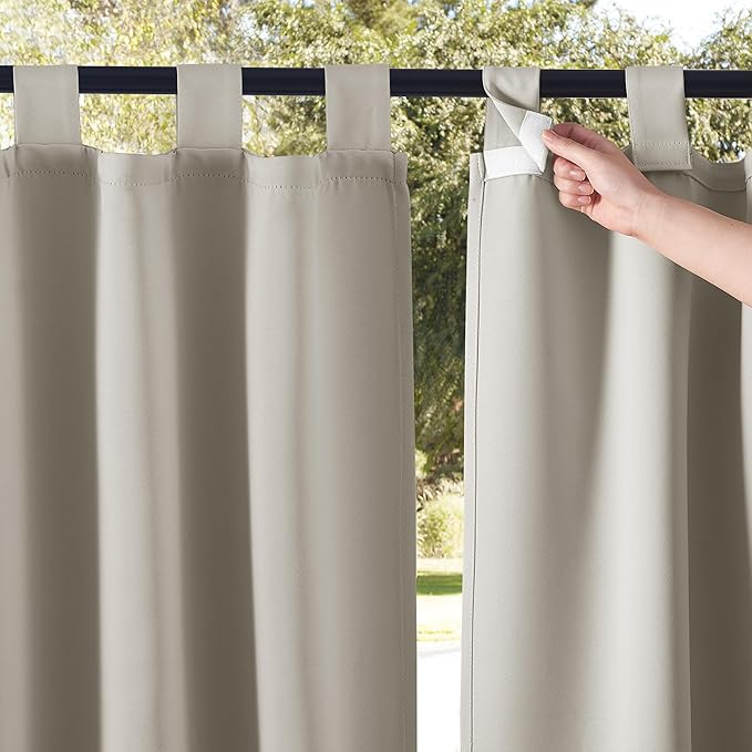 NICETOWN 2 Panels Natural Outdoor Patio Curtainss Waterproof, Detachable Sticky Tab Top Thermal Insulated Privacy Indoor Outdoor Drapes Cold & Heat Block Room Darkening for Pergola, W52 x L108