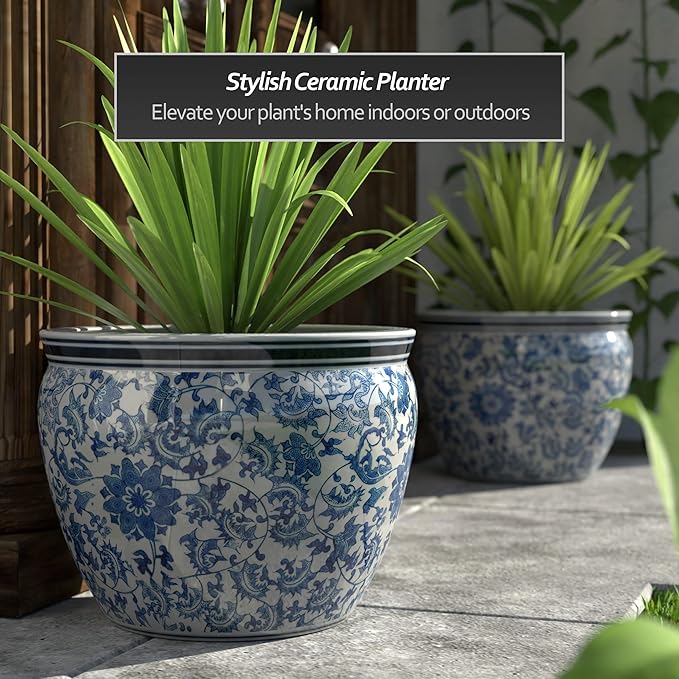 Red Lantern Large 20" Porcelain Fishbowl Blue & White Floral Planter or Cachepot for Indoor/Outdoor Use in Garden Entryway Living Room Boho Eclectic Modern Contemporary Classic Traditional Style Decor