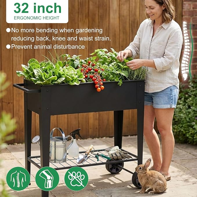 Elevated 32" Tall Raised Garden Bed with Legs and Wheels for Mobility, Metal Planter Boxes Outdoor with Shelf, Raised Bed for Gardening Vegetables/Herbs, Backyard, Patio, Balcony, Black