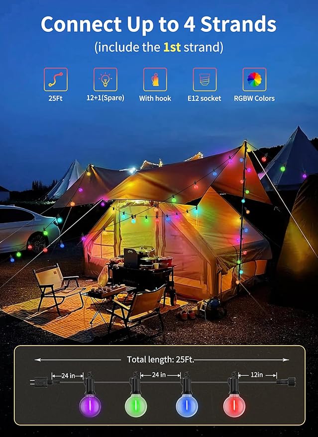 Brightown RGBW Outdoor String Lights, 29FT LED Patio Lights with Remote and Timer, Commercial Grade Waterproof Hanging Lights with 13 Shatterproof Bulbs(1 Spare) for Backyard Porch Garden Party Decor