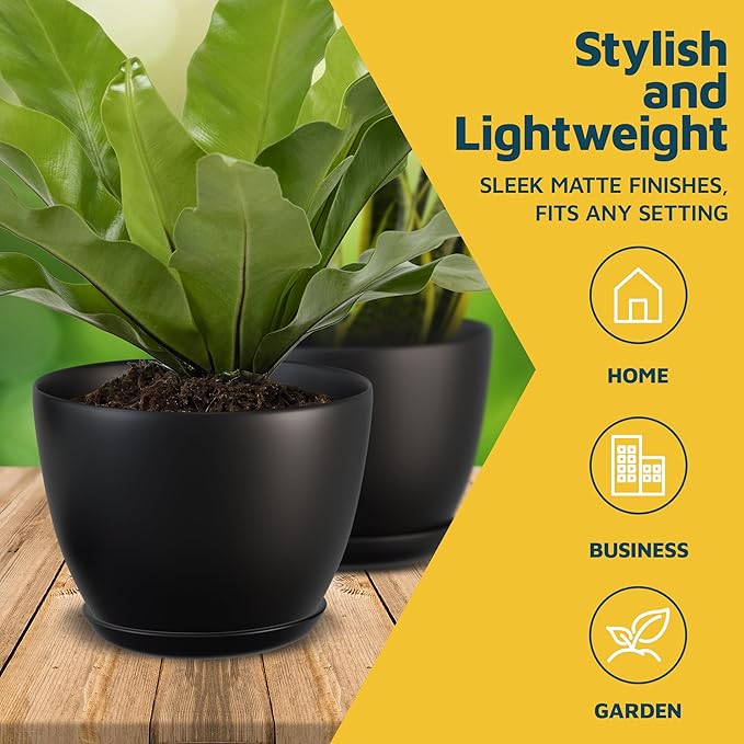 Black Plant Pots with Drainage Holes & Saucers 3 Pack, Indoor & Outdoor Stackable Space-Saving Planters for Houseplants & Flowers, (7", 6.7", and 6" Inches), Durable & Weatherproof Materials