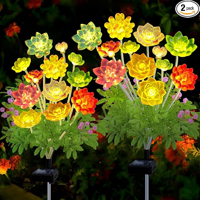 Solar Garden Lights Outdoor, 2 Pack Upgraded Succulent Solar Flowers Outside Waterproof, Gardening Gifts for Women Mother, Decorative Solar Powered Lights Yard Decor for Lawn Backyard Patio Pathway