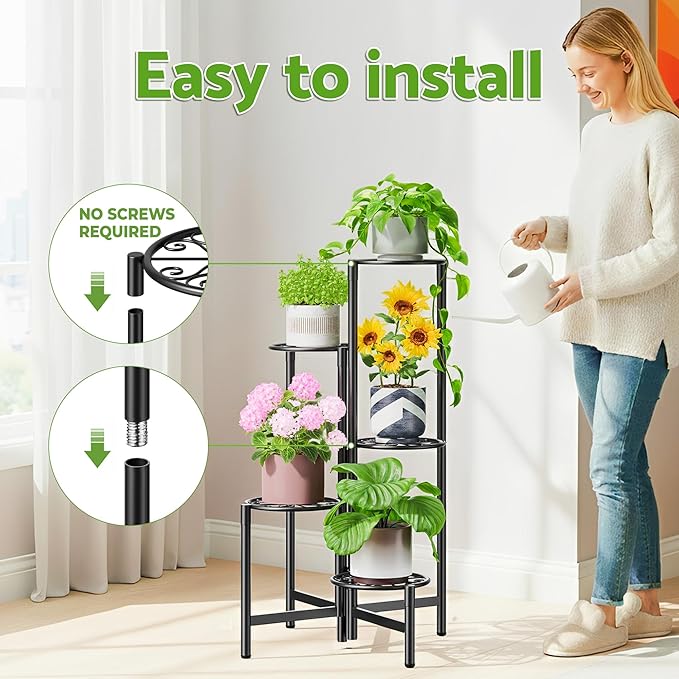 Plant Stand Indoor Outdoor, 5 Tier Corner Metal Flower Display Holder Stand, Folding Tall Plant Rack for Patio Balcony Porch Garden Living Room House, Heavy Duty Wrought Iron Plant Shelf - BlackS