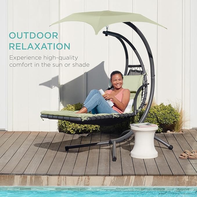 Best Choice Products Outdoor Hanging Curved Steel Chaise Lounge Chair Swing w/Built-in Pillow and Removable Canopy - Sage