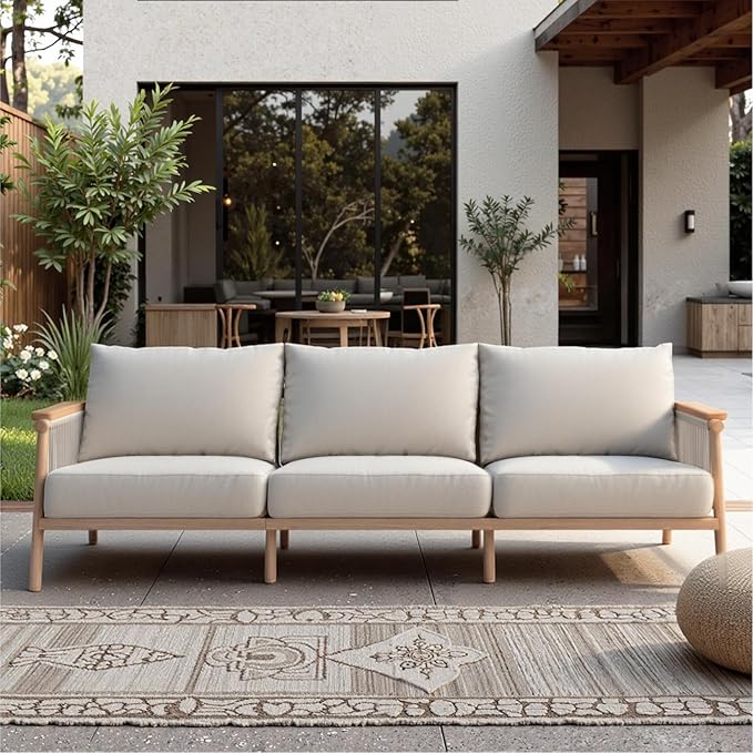 Acanva Modern All-Weather Aluminum Outdoor Patio Sofa with Thick Cushions, Olefin Fabric Sunroom Backyard Furniture, Couch Light Khaki