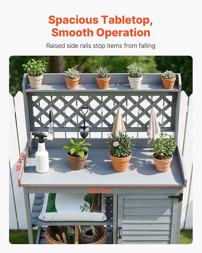 VEVOR Potting Bench Table, Outdoor Gardening Wooden Workstation with Storage Cabinet, Storage Shelves, 43 x 18 in Wood Tabletop, Garden Planting Work Station for Patio, Backyard, Balcony, Gray