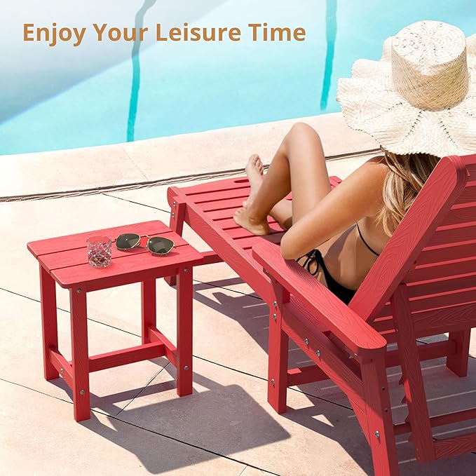 LUE BONA Outdoor Side Table, HDPS Small Outdoor Adirondack Side Tables, Outside End Table for Patio, Porch, Deck, Pool, Weather Resistant/Easy Maintenance,Bright Red