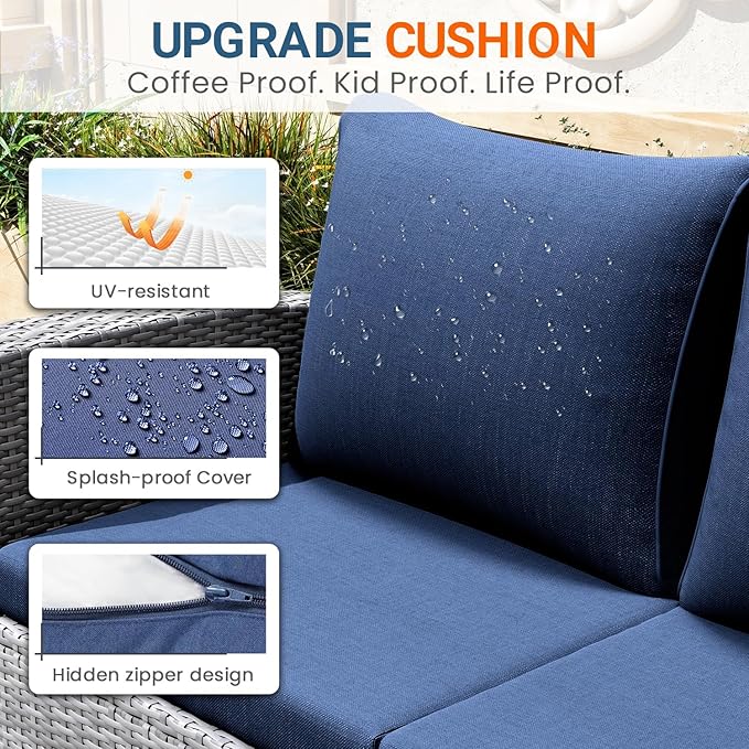 Wisteria Lane 5 Piece Patio Furniture Set, Wicker Outdoor Patio Conversation Furniture Set, All Weather Outdoor Patio Sofa with Cushion and Glass Table, Blue