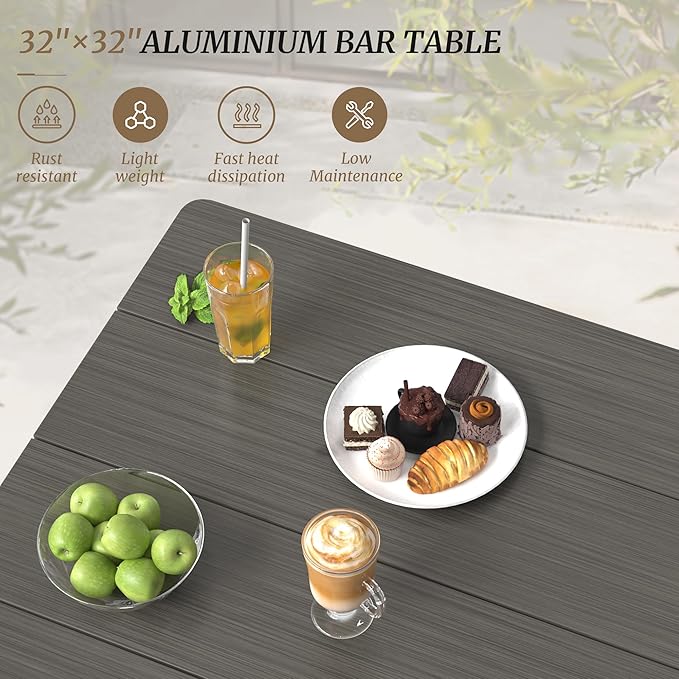 Outdoor Bar Table, 32" Square Patio Bar Height Counter Pub Table, Waterproof Aluminum Top, Weather Resistant, Balcony, Yard, Indoor or Outdoor Use, Slate Gray