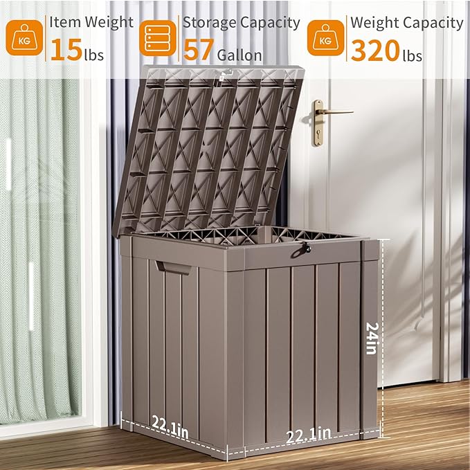 ROJIK 57 Gallon Outdoor Storage Housing Deck Box - Waterproof Patio Furniture, Garden Tools, Cushions, Pool Accessories Storage Bench with Lockable Lid and Side Handles（Grey）
