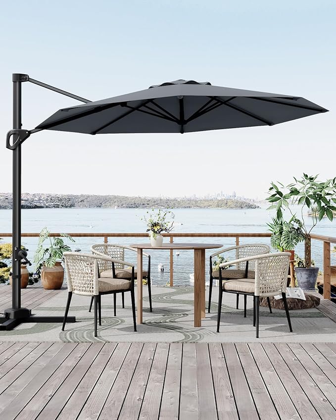 GarveeLife 10 ft Patio Umbrella Outdoor Large Cantilever Umbrella Market Sun Shade Windproof Offset Umbrella with 360-Degree Rotation for Garden Deck Pool Patio, Grey