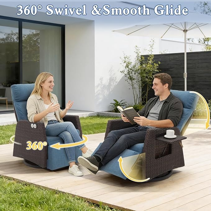 Adjustable Outdoor Recliner Chair with Independent Backrest & Footrest, Patio Swivel Recliner Chair, Wicker Reclining Patio Chair w/Flip-Up Table, 155° Lay Flat Chaise Lounge, Blue, 2PCS
