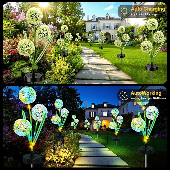 Upgraded Solar Garden Lights, 4 Pack Outdoor Solar Lights, Bigger Round Panel for 40-Hour Runtime, Serve as Outdoor & Indoor Decor, Waterproof Flower Lights for Patio Yard Decoration
