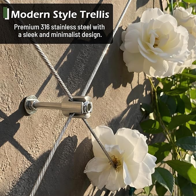 Wire Trellis for Climbing Plants Outdoor, 20-Set Wall Wire Trellis Kit with 1/8in x 98ft Stainless Steel Cable, T316 Espalier System for Fence and Garden DIY Projects