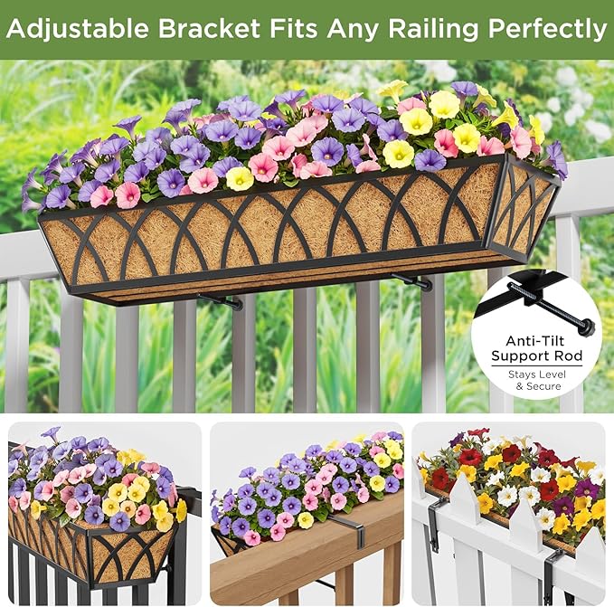 Y&M 30 Inch Window Deck with Coco Liner, Fence Metal Hanging Flower Planter Basket Deck Railing Planter Boxes for Outdoor Garden Lawn, 30" Window Boxes Horse Trough with Coconut Coir Liner,4pcs