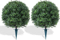Artificial Boxwood Topiary Trees with Ground Spike,2 Pieces Fake Pine Shrubs Bushes, UV Resistant Faux Evergreen Cypress Tree Plants for Indoor Outdoor Planters Front Porch