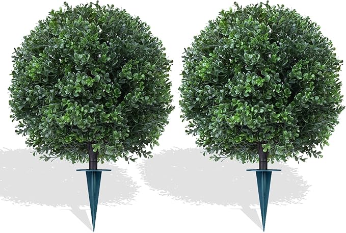 Artificial Boxwood Topiary Trees with Ground Spike,2 Pieces Fake Pine Shrubs Bushes, UV Resistant Faux Evergreen Cypress Tree Plants for Indoor Outdoor Planters Front Porch