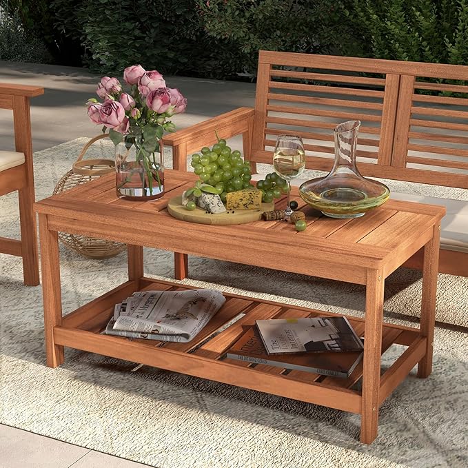 Tangkula Wood Outdoor Coffee Table, 2-Tier Patio Coffee Table with Slatted Hardwood Tabletop & Storage Shelf, Rectangle Wood Table for Deck, Garden, Balcony, Indoor or Outdoor Use (Natural)