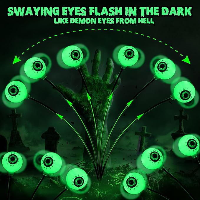 BrizLabs Solar Halloween Lights, 2 Pack 12 LED 2 Modes Halloween Eyeball Lights, Outdoor Pathway Light, Swaying Eye Firefly Walkway Lighting, Green Solar Lighting for Path Yard Garden Lawn