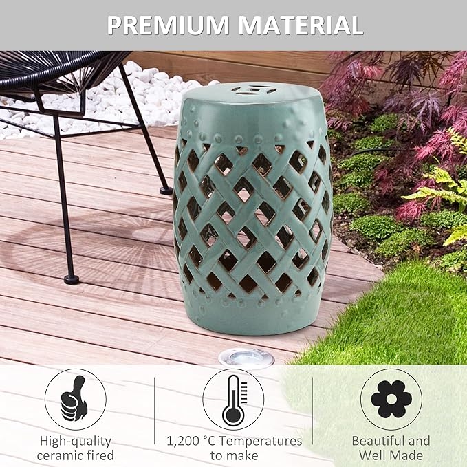 Outsunny 13" x 18" Ceramic Garden Stool with Woven Lattice Design & Glazed Strong Materials Decorative Outdoor Stool, Antique Blue