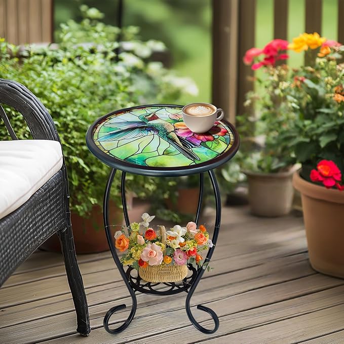LIFFY Patio Side Table, 14" Round Mosaic Outdoor Table with Glass Hummingbird Tabletop, 21" Height 2-Tier Indoor Small Decorative Plant Stand & Accent Table with Metal Frame for Garden, Yard, Home