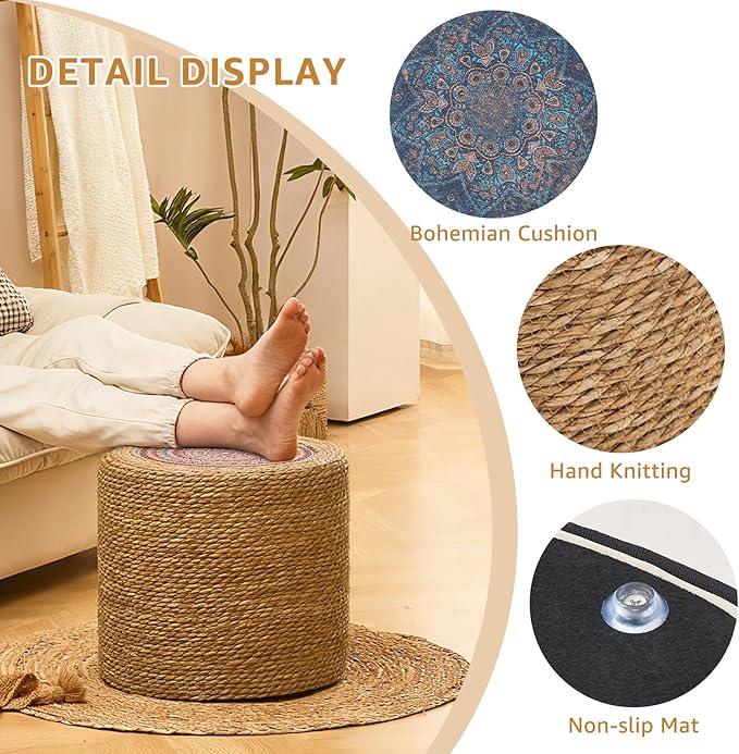 Wimarsbon Round Pouf Ottomans, Handwoven Natural Water Hyacinth Seagrass Pouffe,Outdoor Rattan Stool Accent Seat, Bohemian Coastal Home Decor (18inch Natural Cattail-Boho 3)
