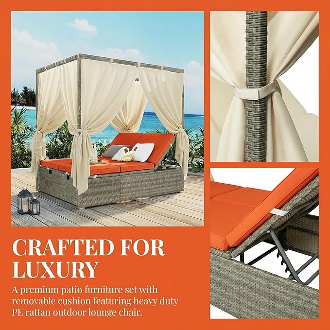 Harper & Bright Designs Adjustable Outdoor Sun Lounger with Canopy,Multi-Position Recline Patio Chair with Removable Cushion,Weather-Resistant Rattan Chaise Lounge for Poolside,Garden & Terrace,Orange