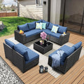 10 Pieces Patio Furniture Set All-Weather Outdoor Wicker Sectional Conversation Sofa Rattan Patio Seating Sofa with Cushion and Glass Table for Porch Poolside,Navy