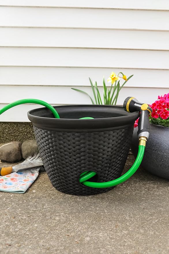 The HC Companies 18 inch Woven Garden Hose Holder, Lightweight UV-Resistant Plastic Water Hose Holder with 100-Foot Capacity, 2-Pack Water Hose Pots for Garden, Patio & Home Organization, Black
