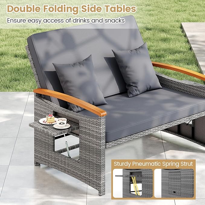 Tangkula Patio Rattan Daybed with 4-Level Adjustable Backrest, Outdoor Wicker Loveseat with Acacia Wood Armrest, Storage Ottoman & Folding Tray, Double Sunbed for Balcony, Backyard & Poolside (Grey)