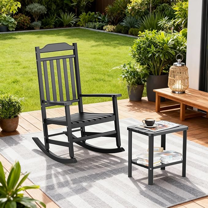 5 Piece Outdoor Rocking Bistro Set, Rocking Chairs Outdoor Furniture, Resin Waterproof Sun-Proof Patio Furniture Set for Garden, Pool, Backyard（5, Black）