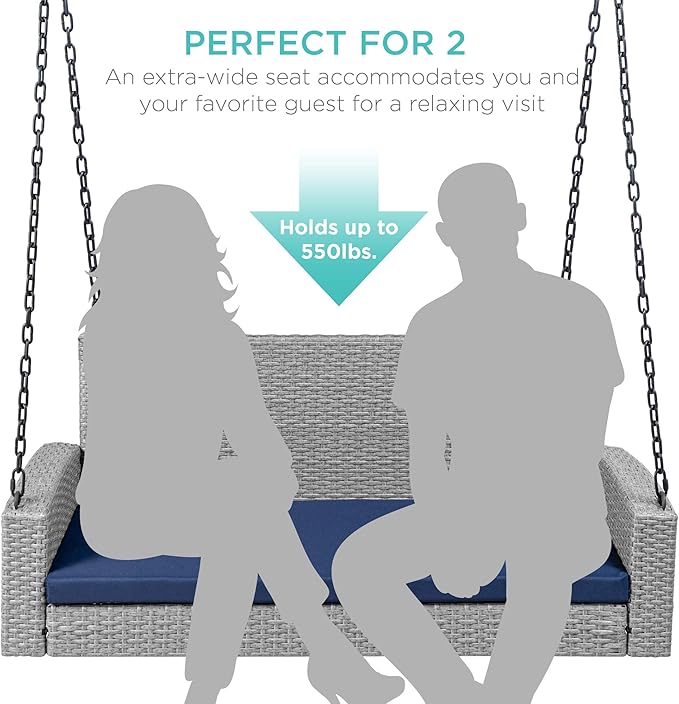 Best Choice Products Woven Wicker Outdoor Porch Swing, Hanging Patio Bench for Deck, Garden w/Mounting Chains, Seat Cushion - Gray/Navy