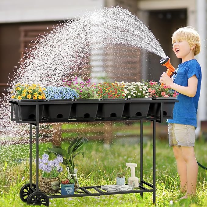 YBING Raised Garden Bed Outdoor with Wheels 42x17x29in Elevated Planter Box with Legs and Storage Shelf 6 Pocket Herb Garden Planter for Balcony Patio Deck Black