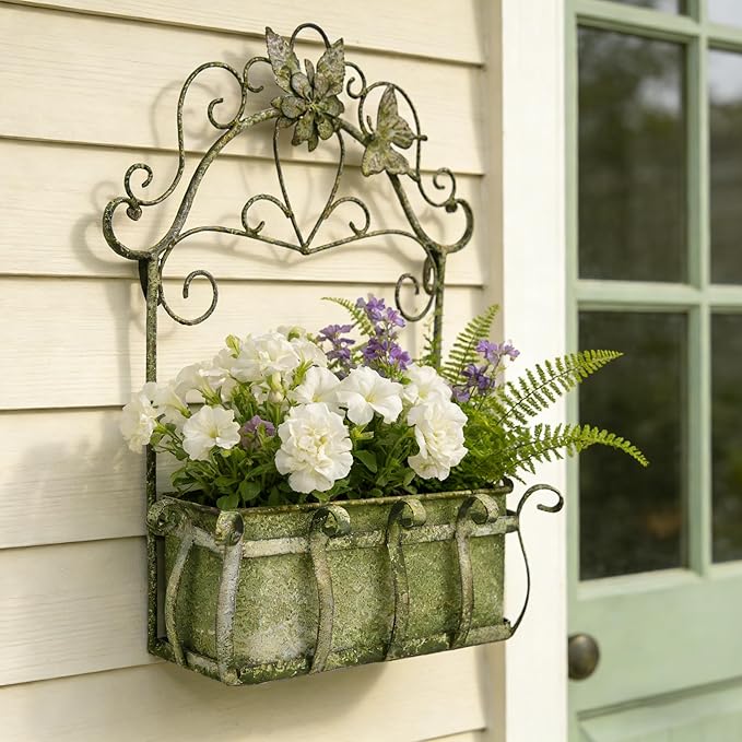 Rustic Metal Wall Planter Vintage Wall Mounted Flower Pot Farmhouse Distressed Wall Hanging Plant Basket with Floral & Butterfly Decor for Indoor Outdoor Garden Home Yard (Green#2)