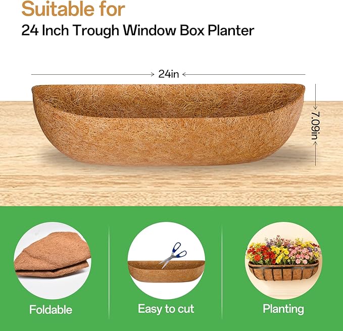 ZeeDix 24 Inch Trough Coconut Liners for Planters (4-Pack) - 100% Natural Coconut Coir Fiber Planter Liners Replacement for Window Boxes, Wall Baskets, Deck Flower Boxes, Garden Railing Fence Troughs