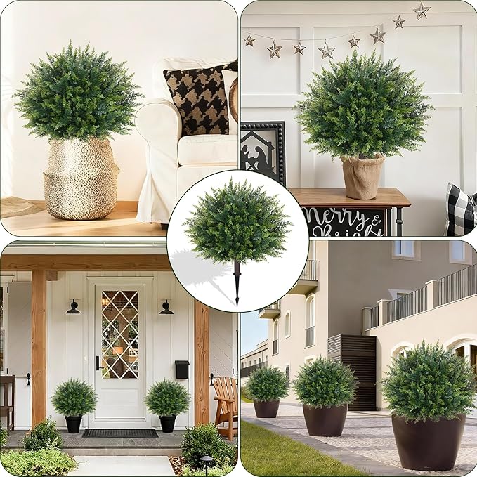 Waipfaru Artificial Plants Outdoor, 2Pcs 23'' Artificial Cedar Topiary with Ground Spike, UV-Resistant Fake Plants Fake Bushes Shrubs for Outdoor Indoor Garden Front Porch Decor