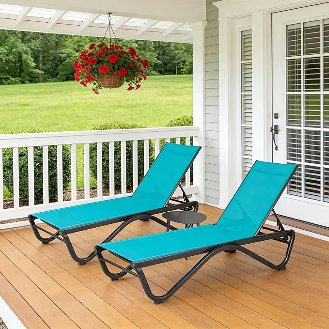 Kozyard Outdoor Chaise Lounge Chair, Full Aluminum Frame, Adjustable Reclining Patio Lounger for Poolside, Sunbathing & Backyard, Textilene (Aqua, 2Chairs + Table)