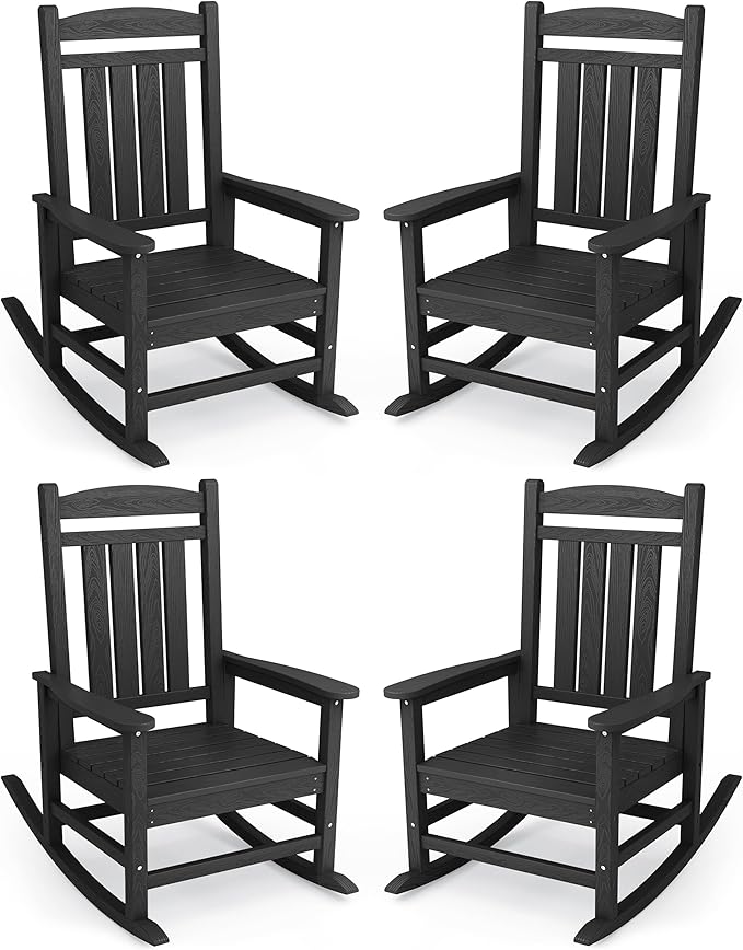 KINGYES HDPE Outdoor Rocking Chair Set of 4, Widened Seat Patio Rocking Chair, Oversized All Weather Patio Rocker, Black