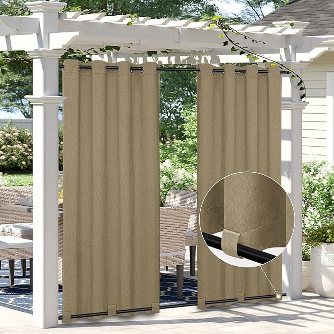 Easy-Going Linen Look Outdoor Curtains Waterproof Windproof Porch Curtains, Soft Thicken Outdoor Privacy Curtains for Patio, Gazebo, Grommet Top and Tab Bottom Drape, 1 Panel, 54x120 inch, Khaki