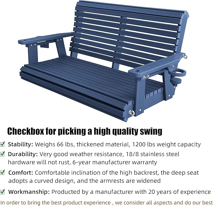HDPE Porch Swing with 18/8 Stainless Steel Bolts, Ergonomic Design, Ultra Weather-Resistant, Heavy Duty 1200 LBS, for Outdoor Patio Garden Yard (Navy Blue)