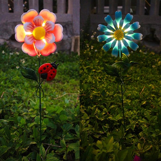 Solar Garden Stakes Lights for Outdoor Decor, 4 Pack Waterproof Metal Art Stick Flowers, Light for Outside Garden Patio Pathway Yard Backyard Porch Lawn