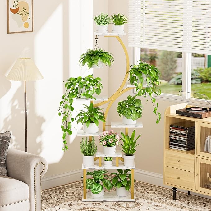 Plant Stand Indoor with Grow Lights - 62" Tall Plant Shelf, Lighted Corner Plant Stands for Indoor Growing, 8 Tiered Large Flower Holder, S-Shaped Plants Rack for Living Room, Bedroom, Faux Marble