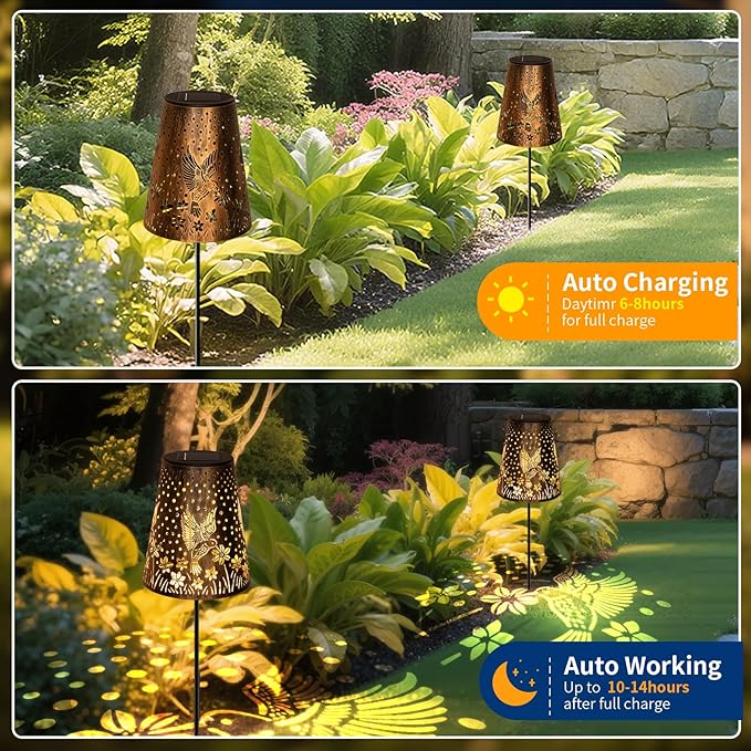 Solar Pathway Lights Outdoor, LED Bright Metal Retro Waterproof, Outside Decorative Hummingbird Lanterns Solar Powered for Path Lawn Patio Yard Walkway (Hummingbird 2P)