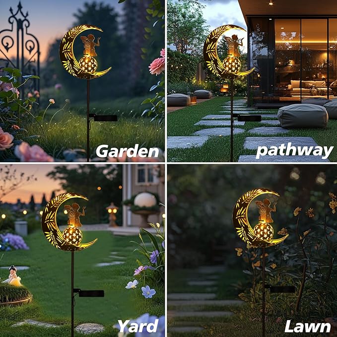 ZKLiLi Christmas Garden Solar Lights Pathway Stake Lights Moon Fairy with Angel Decor, Gardening Birthday Gift for Mom Grandma Friends, Outdoor Decor Light Waterproof for Walkway, Yard, Patio
