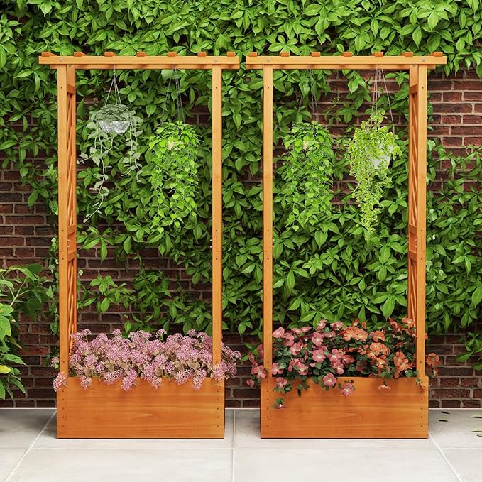 Giantex Raised Garden Bed with 2-Sided Trellis & Hanging Roof, Fir Wood Planter Box w/Drainage Holes, Bottom Gaps, Freestanding Garden Planter for Flowers Herbs Climbing Vines (31" x 12.5" x 60")
